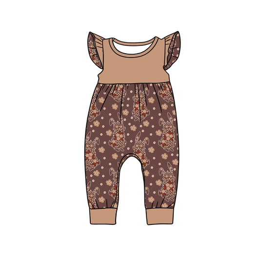 Preorder (moq 5)Baby Girls Flutter Sleeve Brown Floral Rabbits Easter Footie Rompers