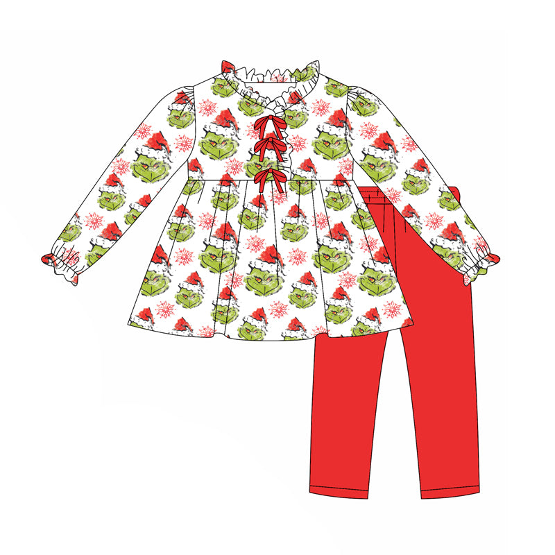 Preorder(moq 5) Baby Girls Green Face Snowflake Button Tunic Legging Pants Christmas Set