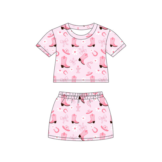Preorder (moq 5)Baby Girls Pink Hats Boots Bows Top Skirt Shorts Western Clothes Set