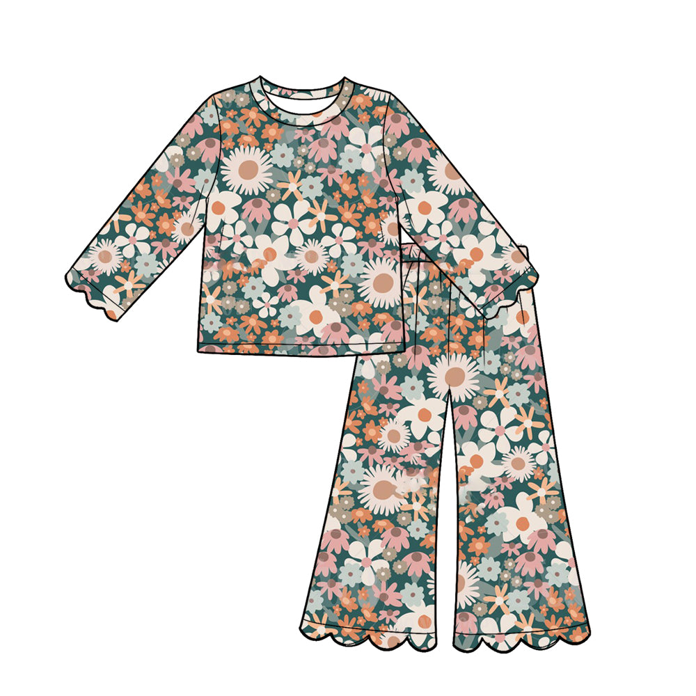 Preorder (moq 5) Baby Girl Clothes Dark Green Vintage Mixed Daisy Print Long Sleeve Top Scalloped Flare Pants Set