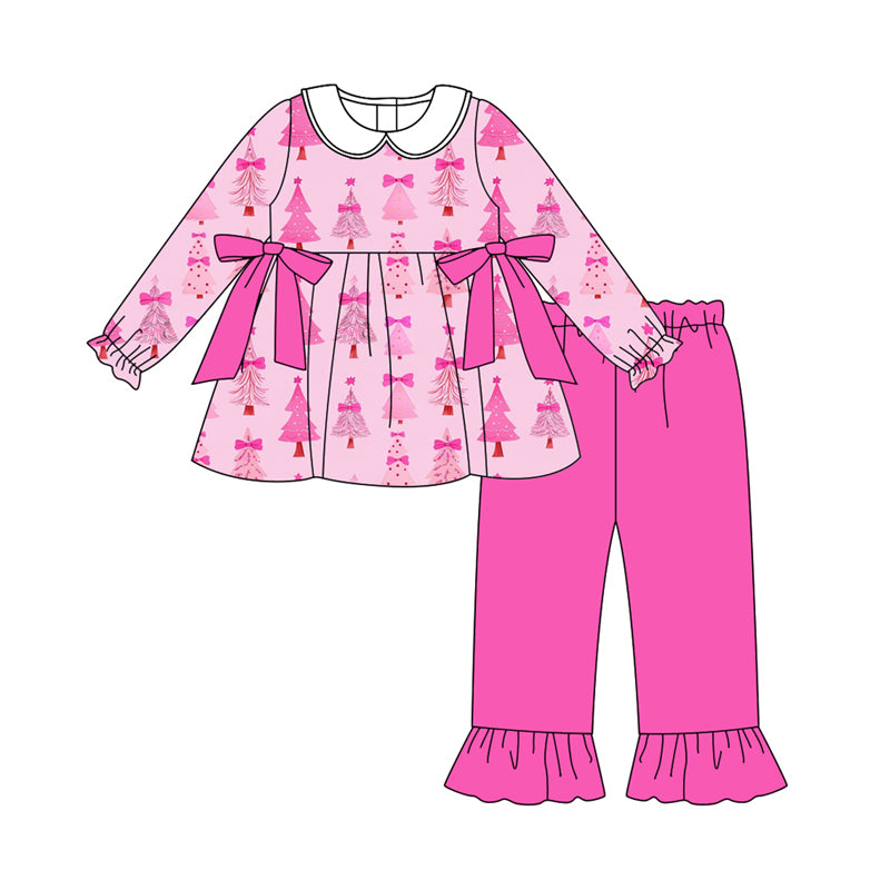 Preorder (moq 5)Baby Girls Hot Pink Long Ruffle Sleeves Christmas Trees Bows Tunic Pant Set