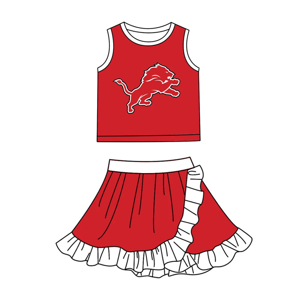 Preorder (moq 5)Baby Girls Red Detroit Lions Vest Top Ruffle Skirt Short Team Clothes Sets