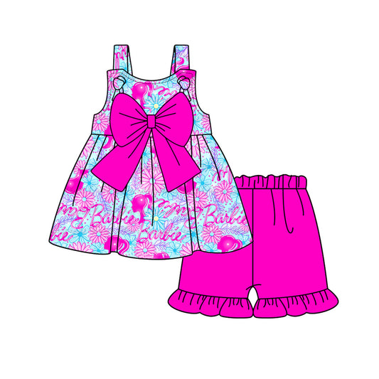 Preorder (moq 5)Baby Girls Pink Doll Bows Flowers Tunic Ruffle Shorts Clothes Sets