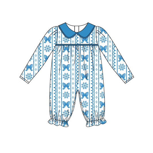 Preorder (moq 5)Baby Girls Bows Snowflakes Stripe Christmas Ruffle Pant Rompers