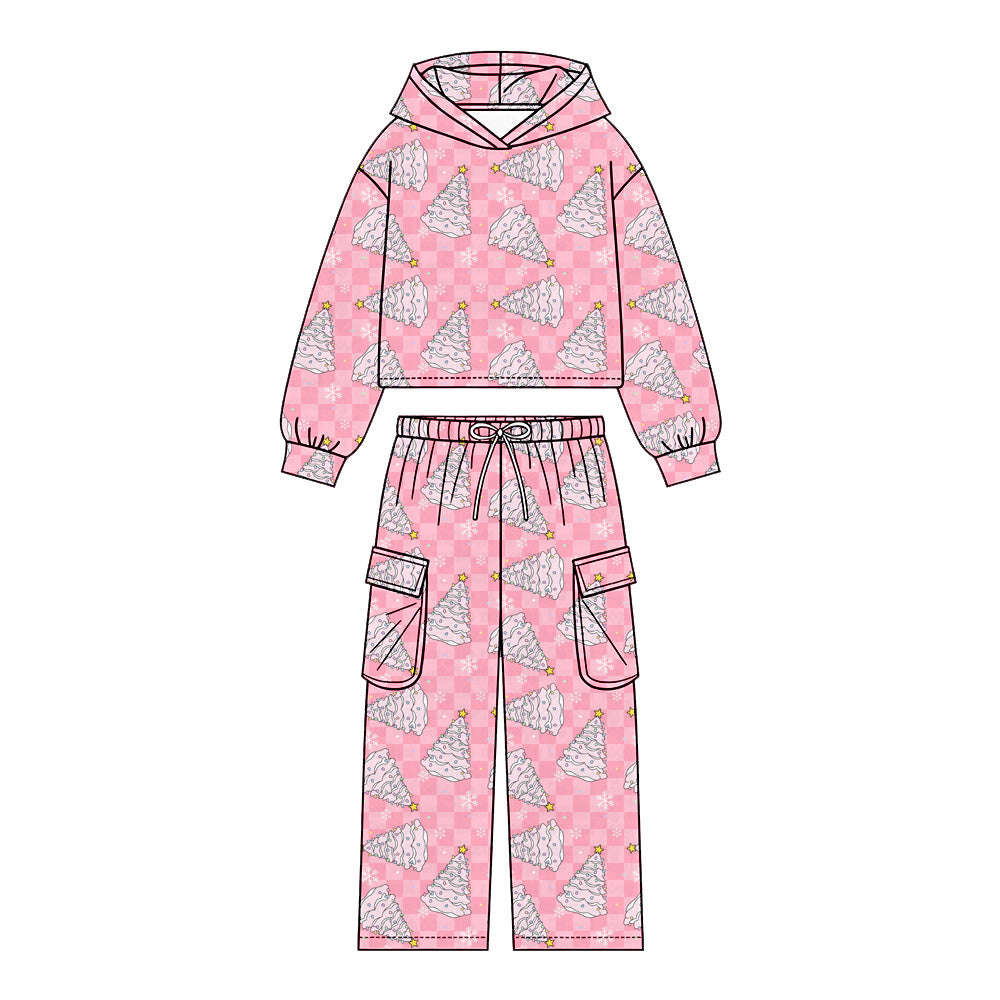 Preorder (moq 5)Baby Girls Trees Snows Hoodie Pockets Pants Christmas Clothes Sets