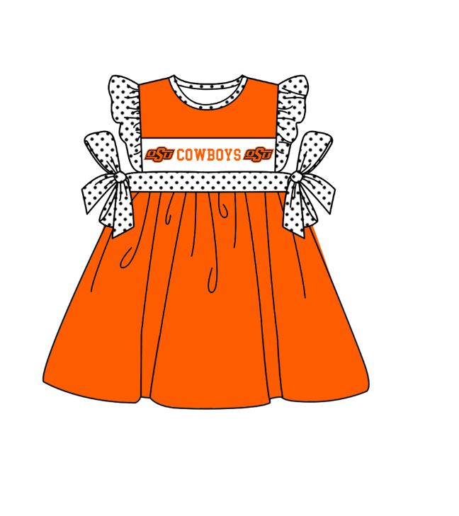 Preorder (moq 5)Baby Girls Polka Dots Flutter Sleeve Cowboys Team Knee Length Dresses