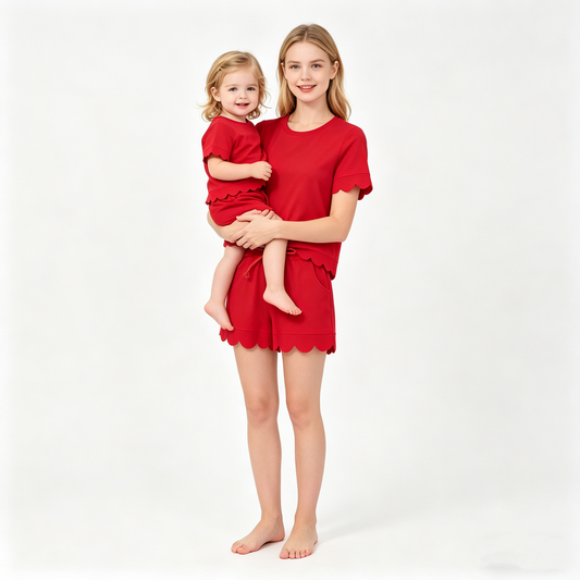 Mama and Me Girls Red Top Pockets Short Scallop Cotton Clothes Sets