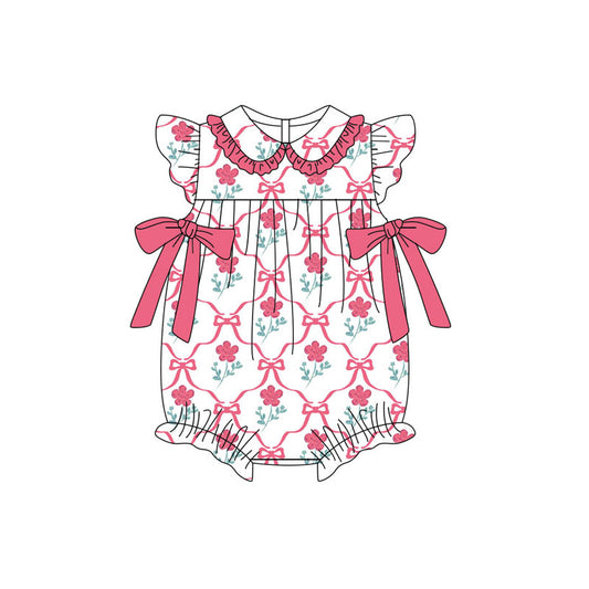 Preorder (moq 5)Baby Girls Flutter Sleeve Pink Flowers Bows Checked Ruffle Collar Rompers