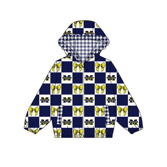 Preorder (moq 5) Baby Girls Bows Michigan Checked Team Ruffle Hoodie Tops