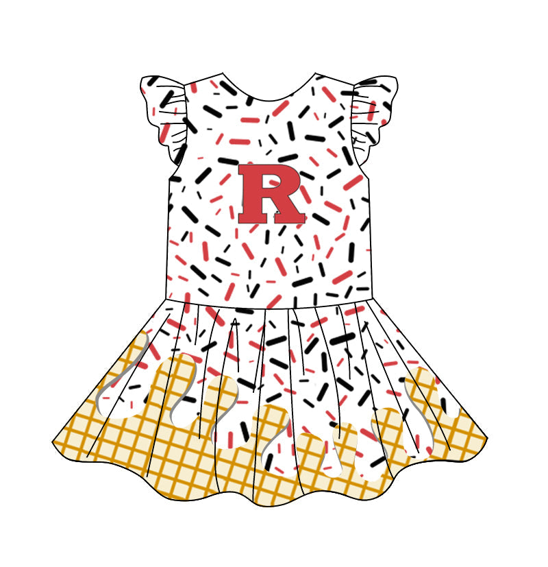 Preorder (moq 5)Baby Girls Flutter Sleeve Drip Sprinkles Team Short Knee Length Dresses
