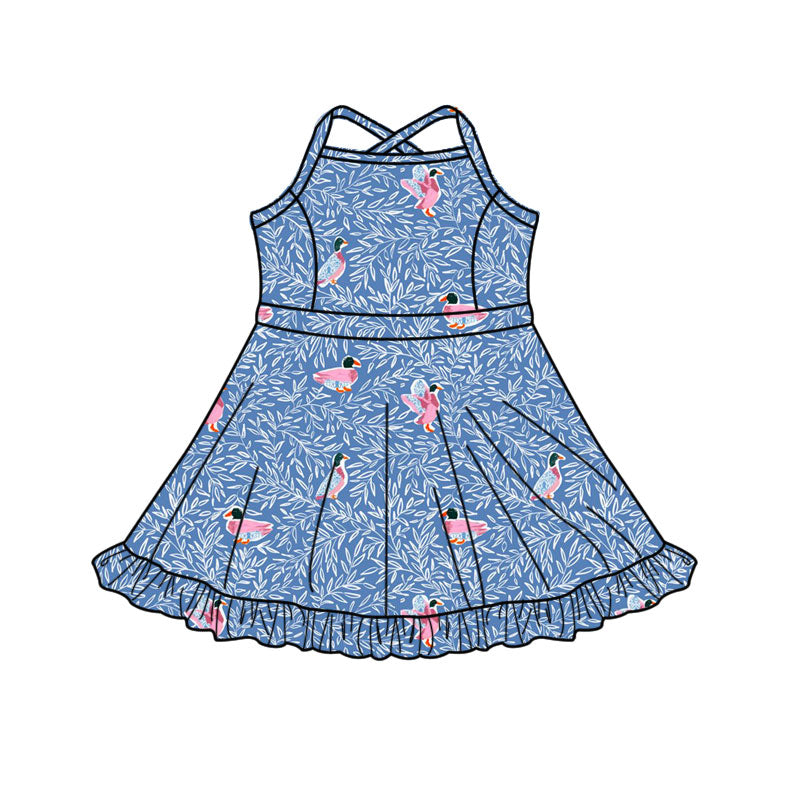 Preorder(moq 5) Baby Girls Strap Blue Plants Ducks Shorts Ruffle Knee Length Dresses