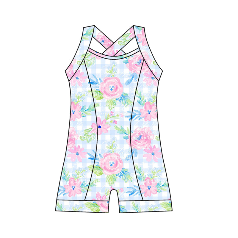 Preorder moq 10 Baby Girls Strap Pink Flowers Plaid Activity Wear Yoga Jumpsuits