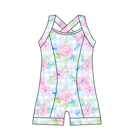 Preorder moq 10 Baby Girls Strap Pink Flowers Plaid Activity Wear Yoga Jumpsuits