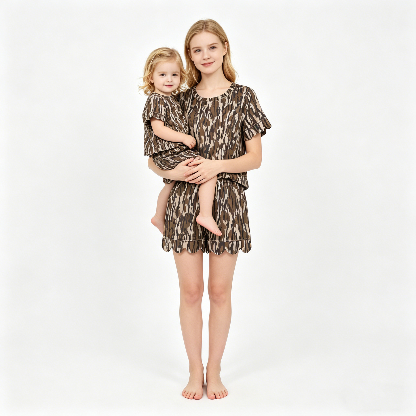 Mama and Me Girls Short Sleeve Southern Camo Top Pockets Short Scallop Clothes Sets