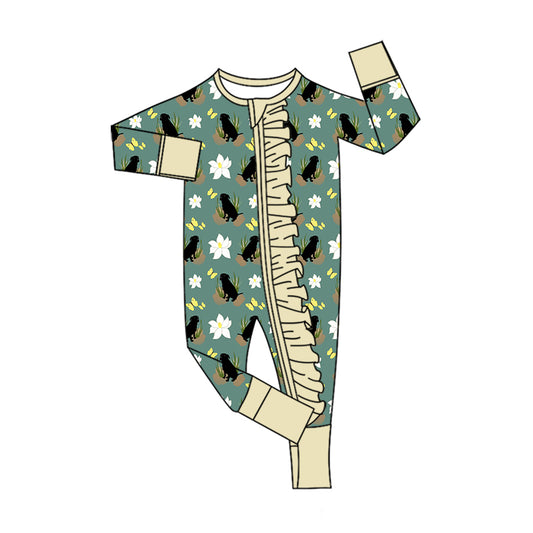 Preorder (moq 5)Baby Boys Dogs Ducks Hunting Two Way Ruffle Zip Convertible Rompers