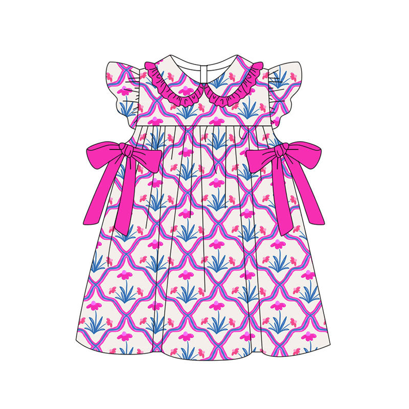 Preorder(moq 5) Baby Girls Hot Pink Flowers Checked Bows Collar Knee Length Dresses
