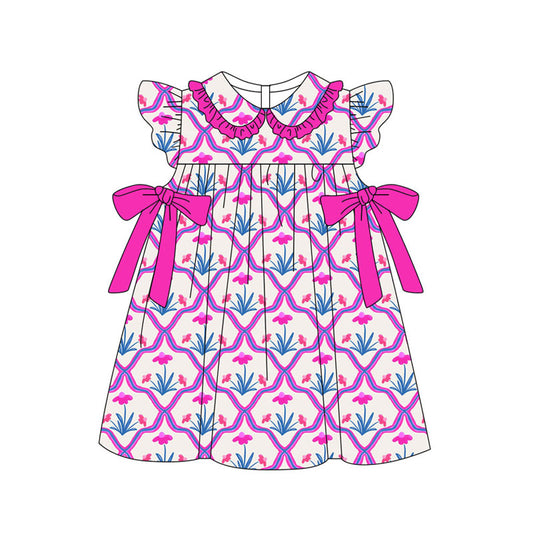 Preorder(moq 5) Baby Girls Hot Pink Flowers Checked Bows Collar Knee Length Dresses