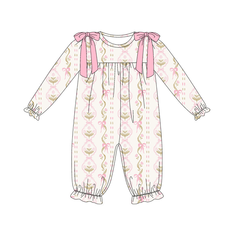 Preorder (moq 5)Baby Girls Long Sleeves Pink Bows Flowers Stripe Ruffle Pant Romper