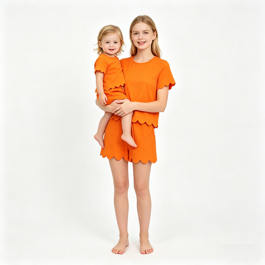 Mama and Me Girls Orange Top Pockets Short Scallop Cotton Clothes Sets