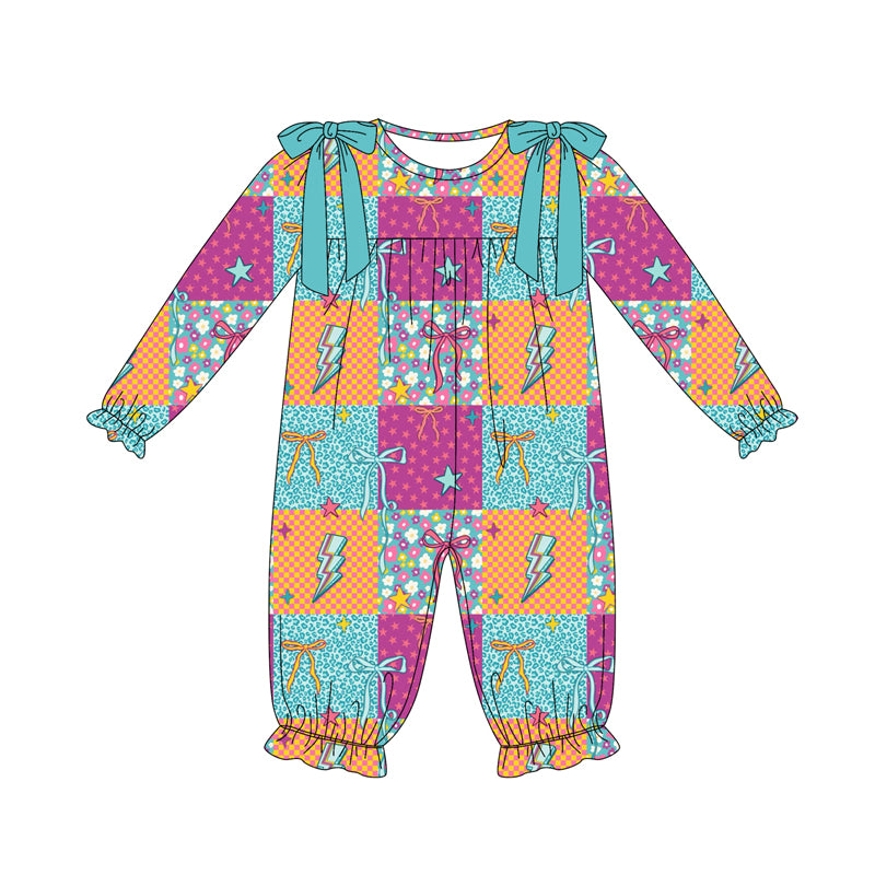 Preorder (moq 5)Baby Girls Long Sleeves Stars Lights Bows Plaid Ruffle Pant Romper