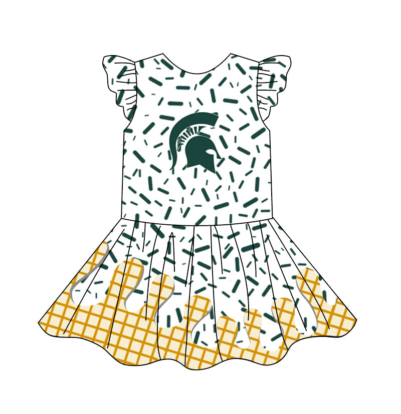 Preorder (moq 5)Baby Girls Flutter Sleeve Drip Sprinkles Team Short Knee Length Dresses