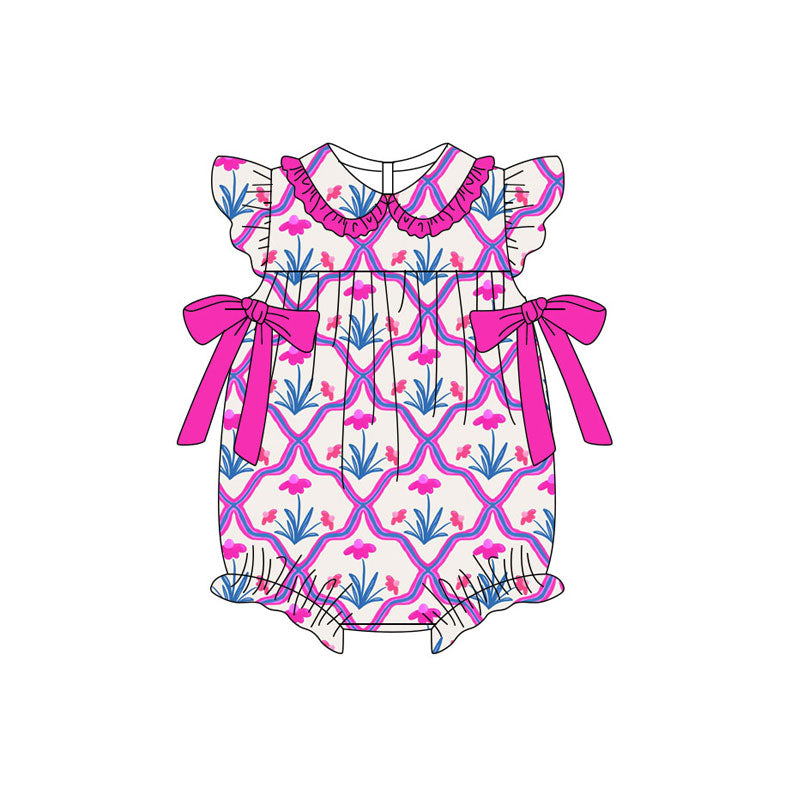 Preorder (moq 5)Baby Girls Flutter Sleeve Hot Pink Flowers Bows Checked Ruffle Rompers