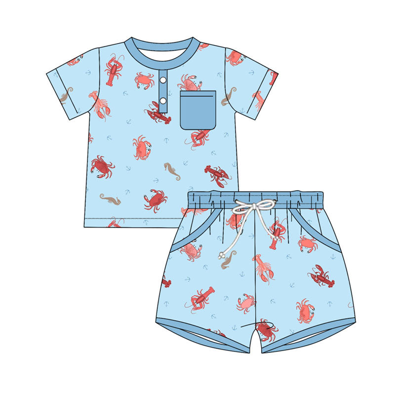 Preorder(moq 5) Baby Boys Blue Crayfish Crabs Button Pocket Top Shorts Hunting Clothes Sets