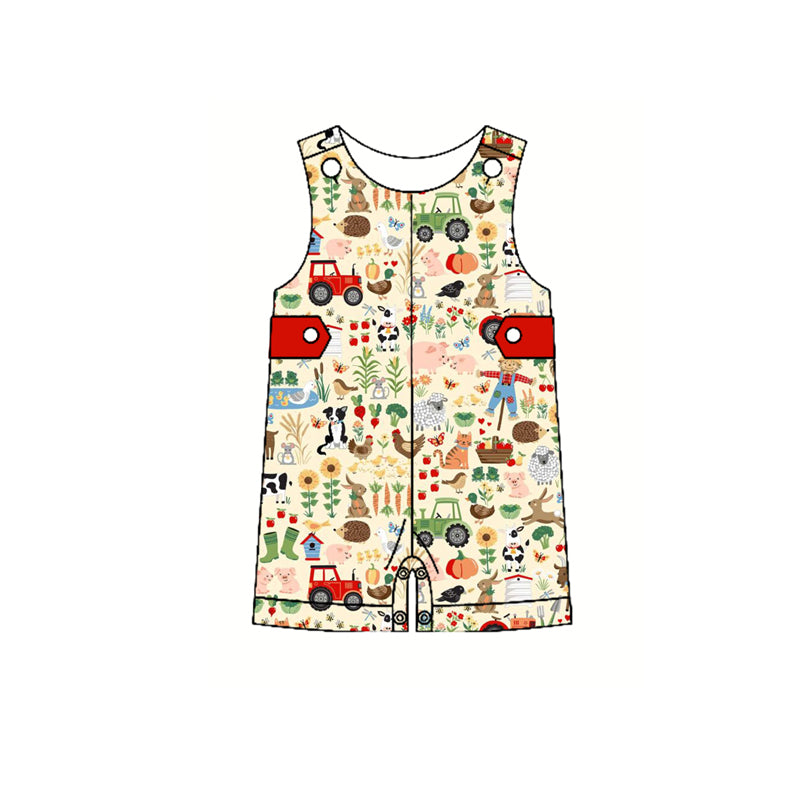 Preorder(moq 5)Baby Infant Boys Sleeveless Red Button Top Cows Pigs Summer Farm Rompers
