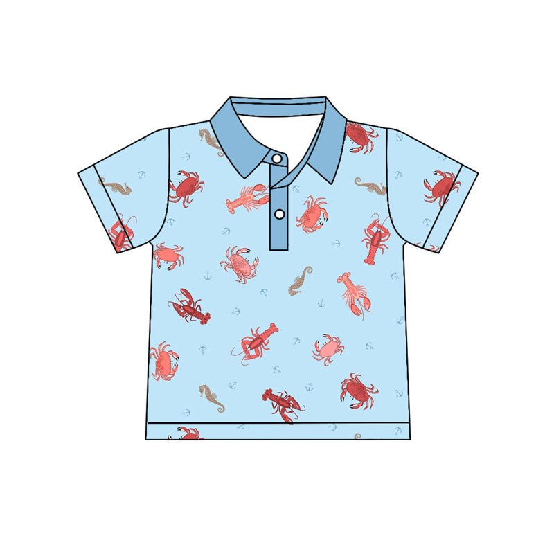 Preorder(moq 5) Baby Boys Blue Crayfish Crabs Button Hunting Polo Shirts Top