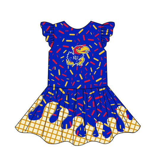 Preorder (moq 5)Baby Girls Flutter Sleeve Drip Sprinkles Team Short Knee Length Dresses