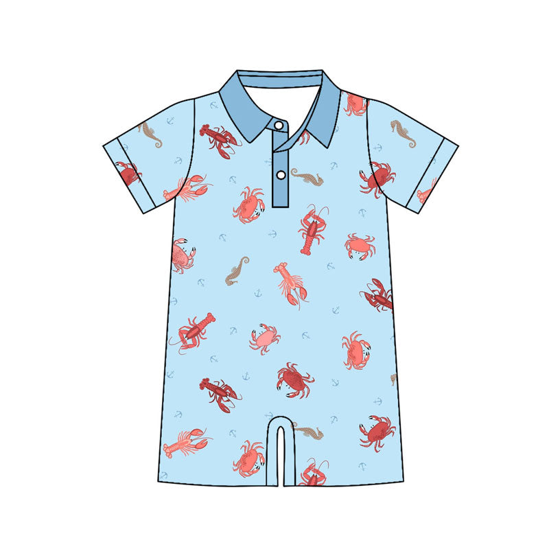 Preorder (moq 5)Baby Boys Blue Crayfish Crabs Button Hunting Shorts Rompers