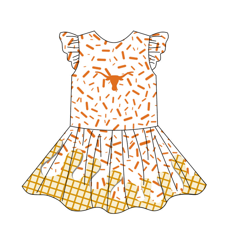 Preorder (moq 5)Baby Girls Flutter Sleeve Drip Sprinkles Team Short Knee Length Dresses