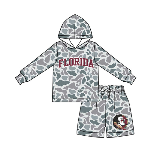 Preorder (moq 5) Baby Boys Grey Camo Florida Long Sleeve Hoodie Short Team Clothes Sets