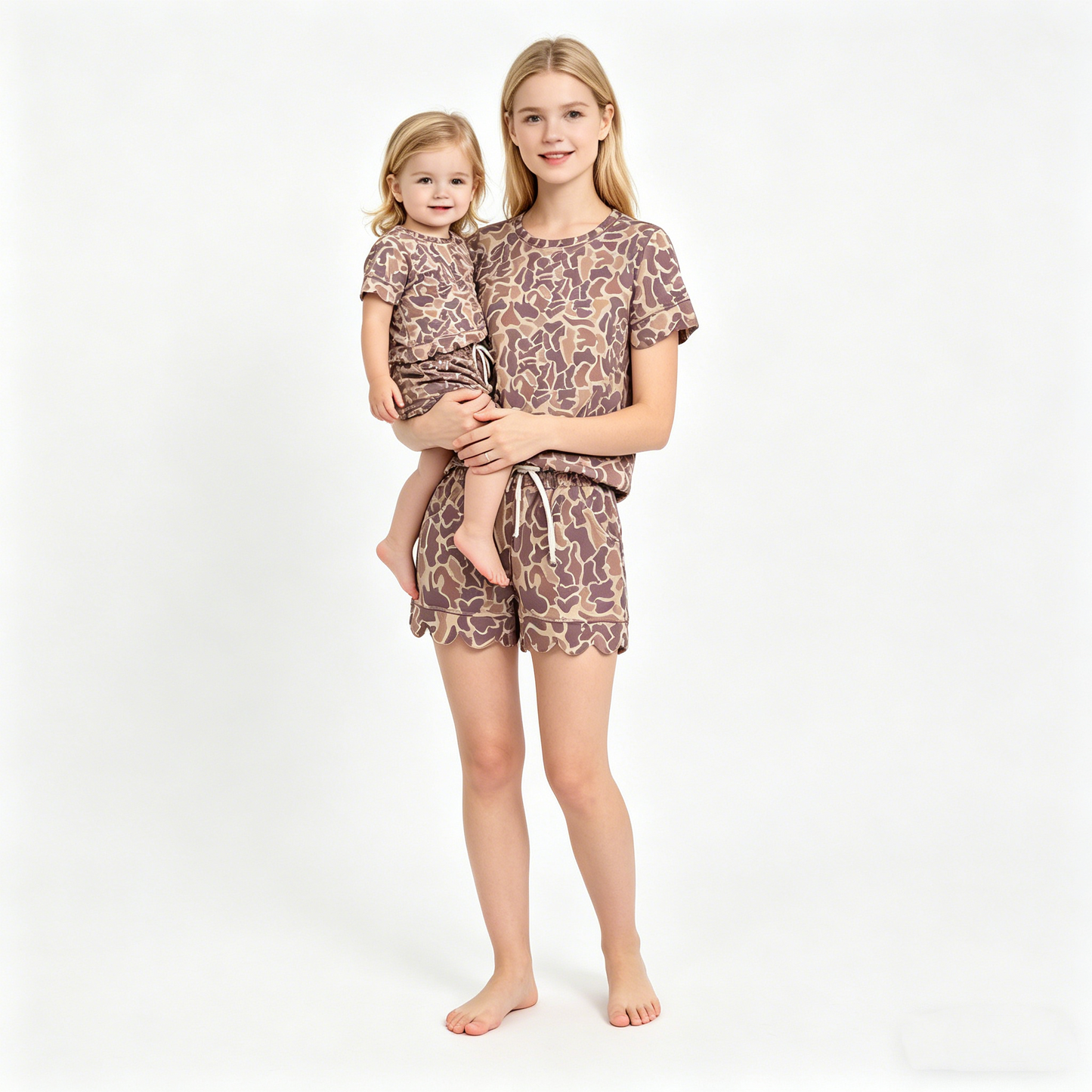 Mama and Me Girls Short Sleeve Southern Camo Top Pockets Short Scallop Clothes Sets