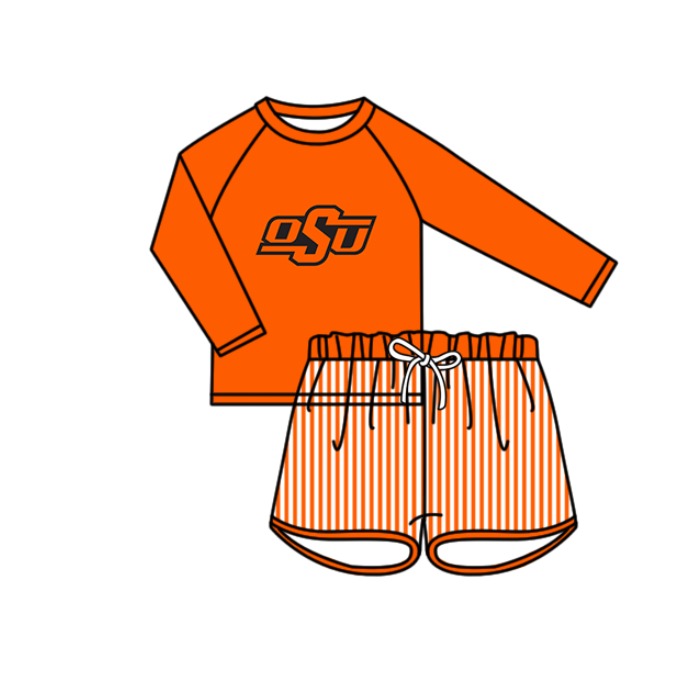Preorder moq 5 Baby Boys Orange OSU Long Sleeve Top Stripe Shorts Team Swimsuits
