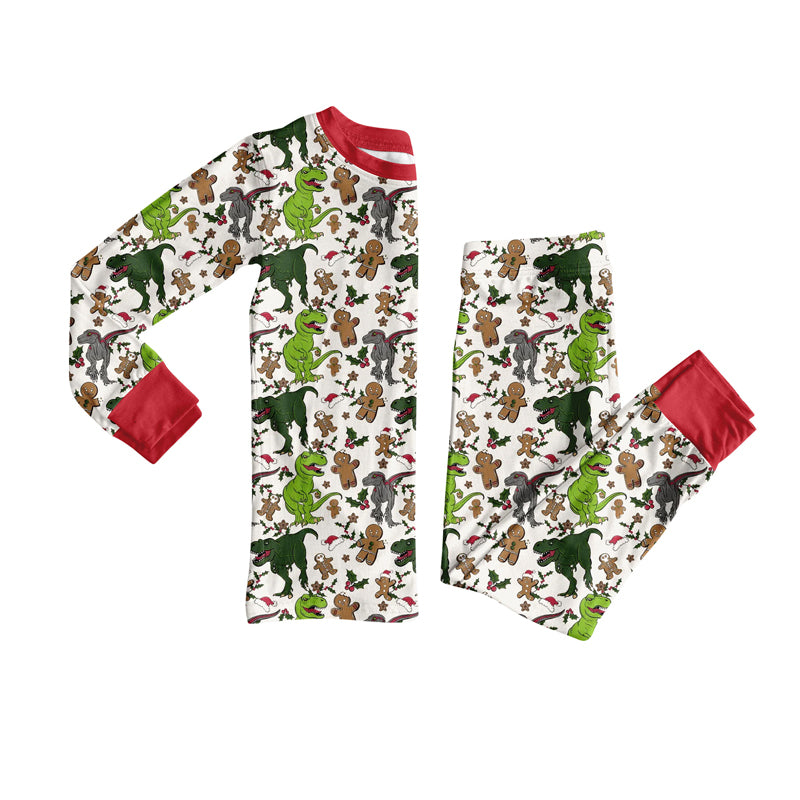 Preorder (moq 20)Baby Boys Bamboo Gingerbread Dinosaurs Holly Christmas Pajamas Sets
