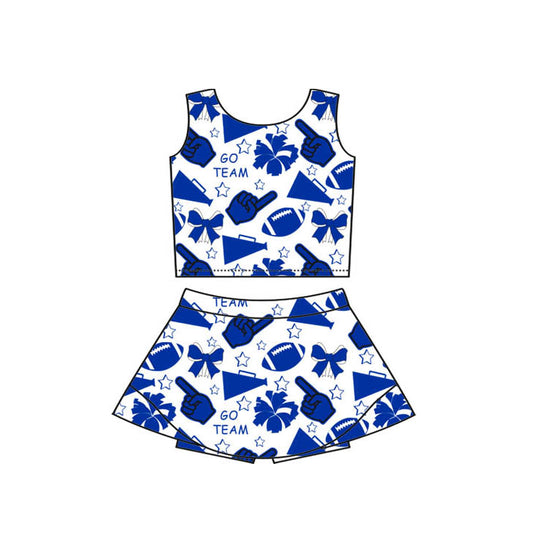 Preorder(moq 8)Baby Girls Hot Blue Bows Footballs Vest Top Shirt Shorts Team Clothes Set