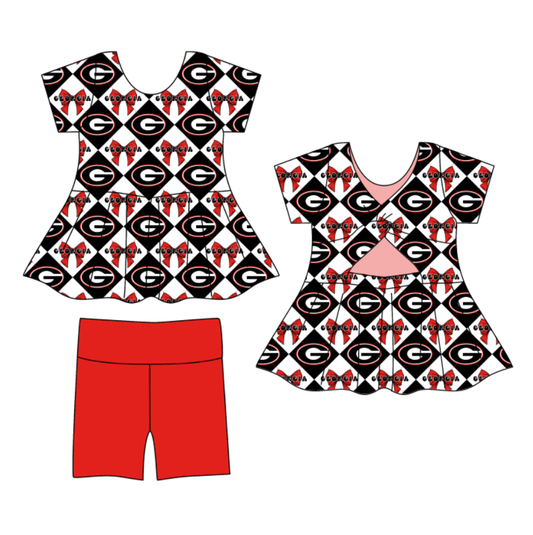 Preorder moq 5 Baby Girls Short Sleeve G Bows Checked Tunic Shorts Team Clothes Set
