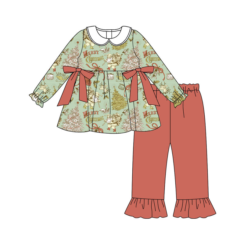 Preorder (moq 5)Baby Girls Green Santa Trees Tunic Ruffle Pants Merry Christmas Set