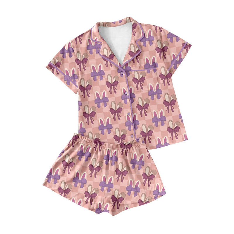 Preorder (moq 5)Baby Girls Rabbits Bows Checked Button Pocket Top Shorts Easter Pajamas Sets
