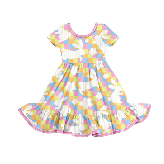 Preorder(moq 8)Baby Girls Colorful Checked Rabbits Flowers Easter Ruffle Knee Length Dress