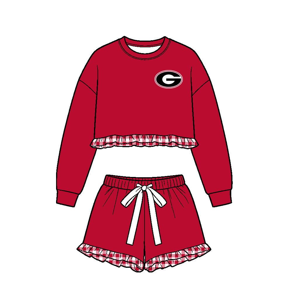Preorder (moq 5) Girls’ Team Red Round-Neck Long-Sleeve Ruffle Top & Matching Bow-Tie Waist Shorts 2-Piece Set