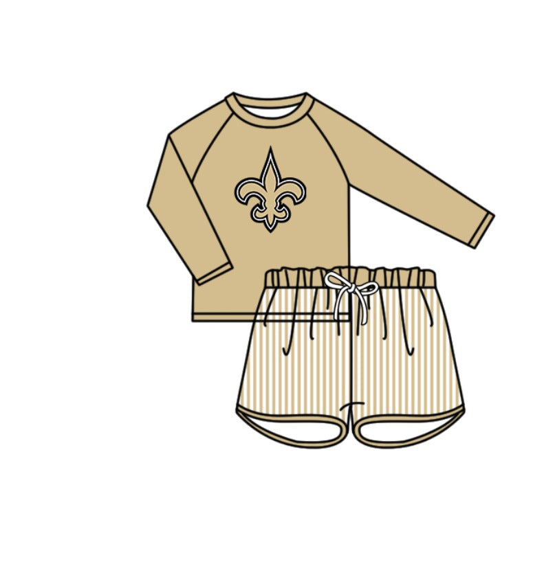Preorder moq 5 Baby Boys Golden Long Sleeve Anchors Top Stripe Shorts Team Swimsuits