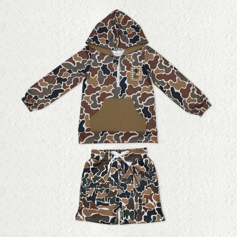 Baby Boys Dark Brown Camo Embroidery Dog Ducks Zip Hoodies Pockets Shorts Hunting Clothes Sets