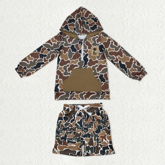 Baby Boys Dark Brown Camo Embroidery Dog Ducks Zip Hoodies Pockets Shorts Hunting Clothes Sets