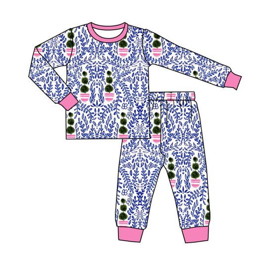 Preorder(moq 8)Baby Girls Blue Flowers Checked Top Pants Valentine Pajamas Set