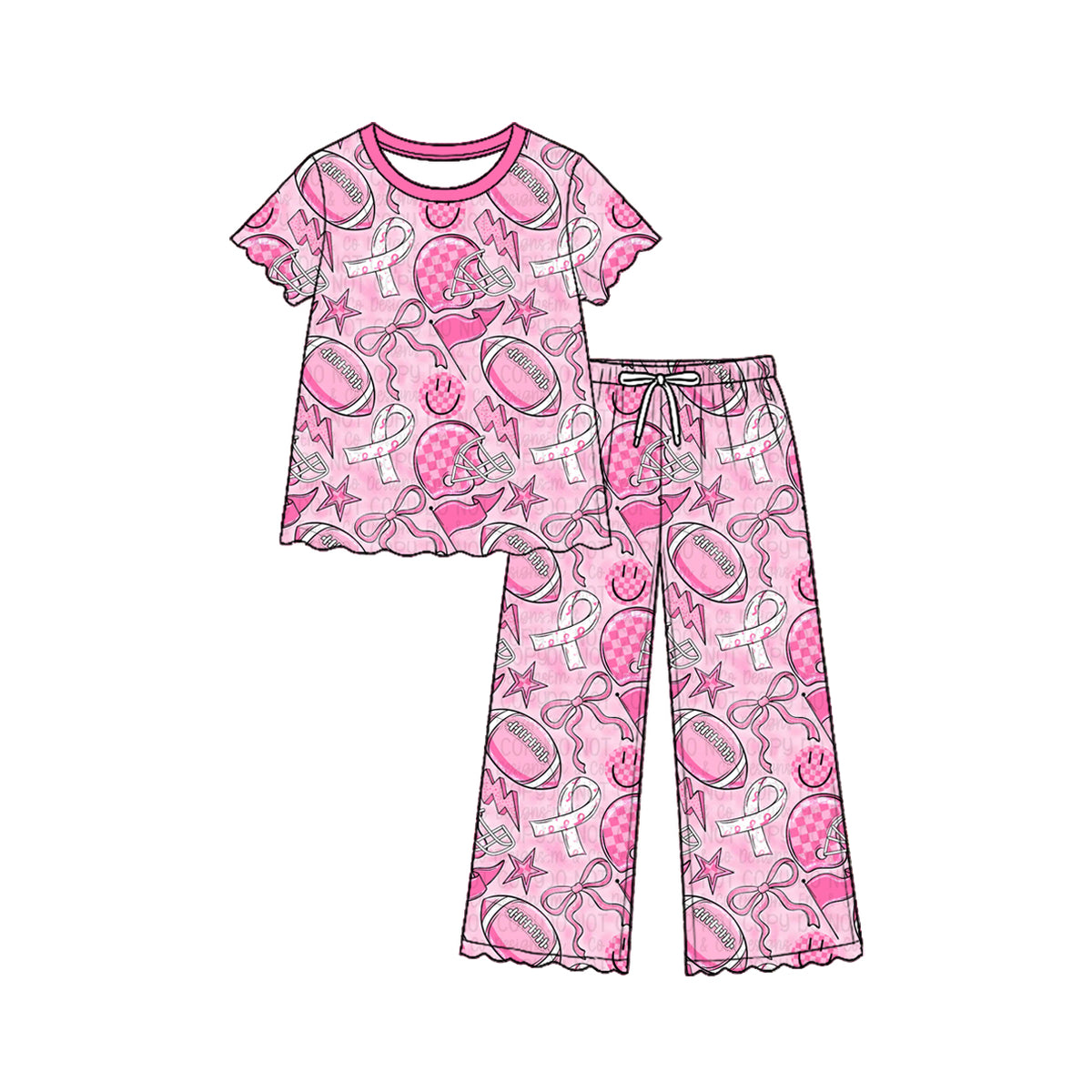 Preorder (moq 5) Baby Girl Clothes Pink Football Ribbon Smiley Mixed Print Short Sleeve Flare Pant Pajama Set