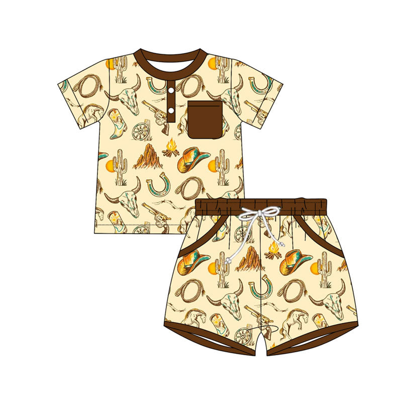 Preorder(moq 5) Baby Boys Boots Bull Skulls Button Pocket Top Shorts Western Clothes Sets