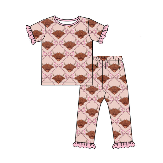 Preorder (moq 5)Baby Girls Highland Cows Top Ruffle Pant Western Pajamas Sets