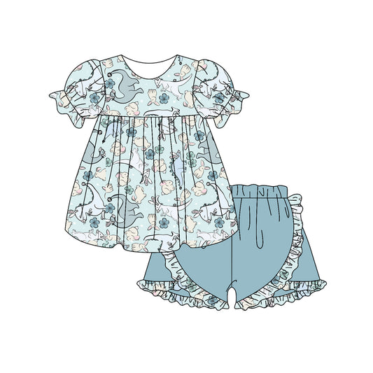 Preorder (moq 5)Baby Girls Rabbit Dinosaur Flowers Tunic Ruffle Shorts Easter Clothes Sets